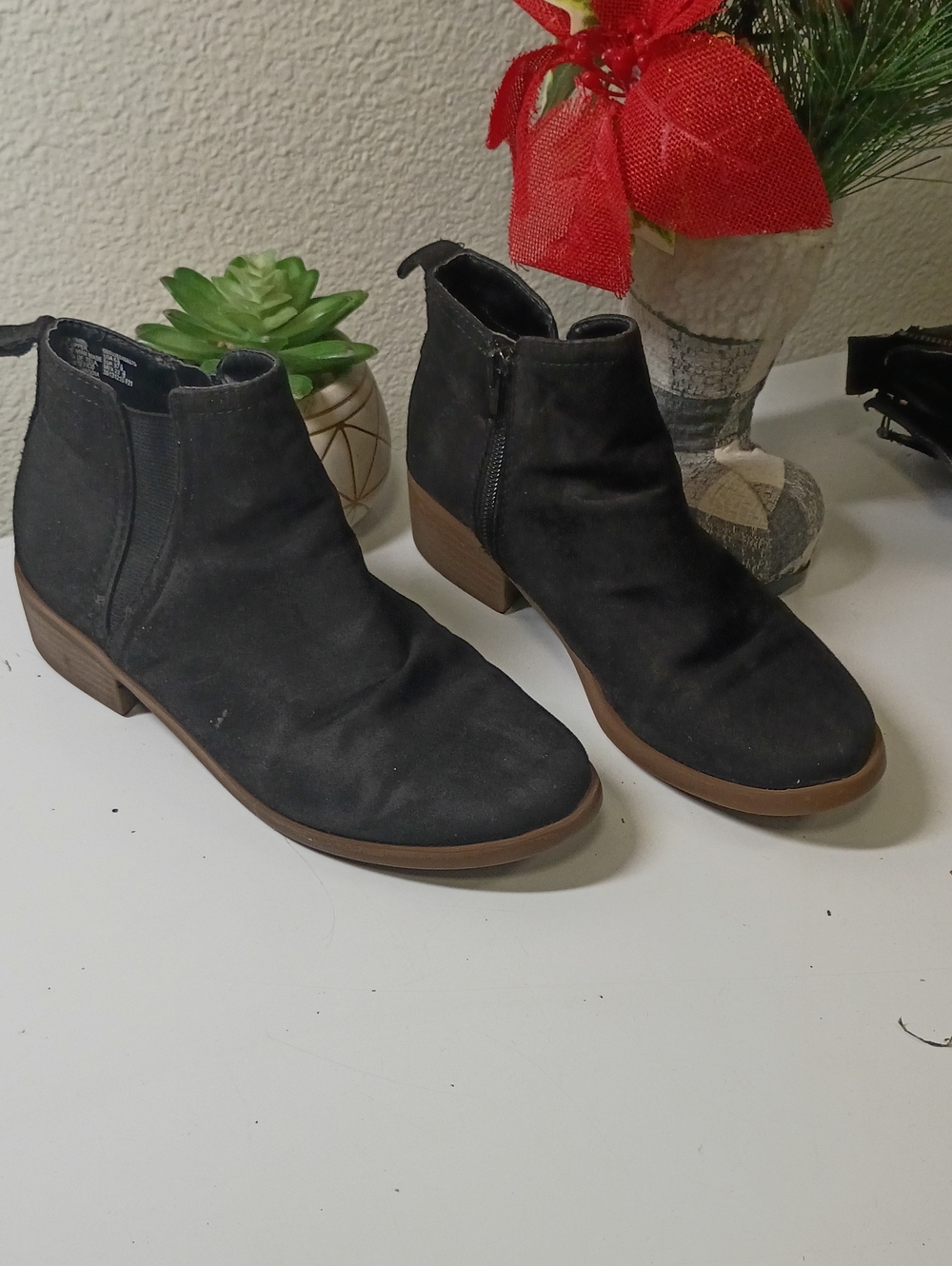 Time and Tru Black Faux Suede Ankle Booties with Low Stacked Heel